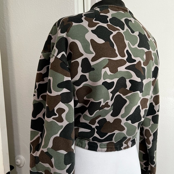 Adidas BR5182 Brown Green Camo Logo Women's Small Drawstring Cropped Sweatshirt - Picture 3 of 5